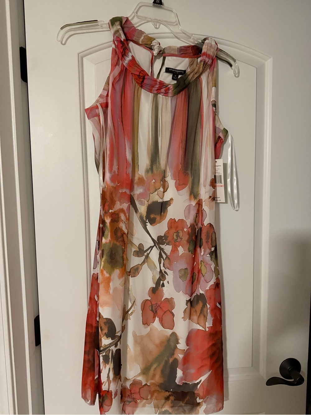 Sharagano Coral and Olive Floral Sleeveless Mini Dress